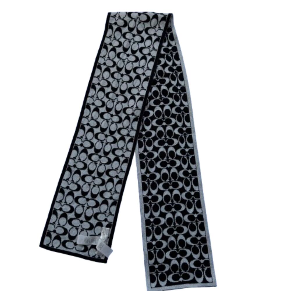 Coach Reversible Signature Logo Scarf Black Gray Wool Metallic Blend OS